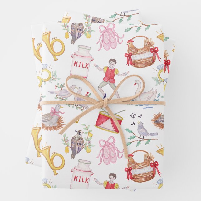 Watercolor Twelve Days of Christmas Photo Wrapping Paper Sheet (In situ)