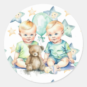 Watercolor Twin Boys Baby Shower Classic Round Sticker