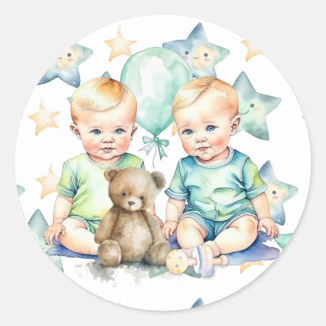 Watercolor Twin Boys Baby Shower Classic Round Sticker (Front)