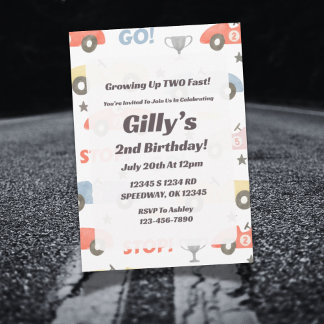 Watercolor "Two Fast" Race Car Invitation Annivers