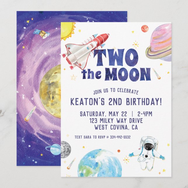 Watercolor Two the Moon Space Birthday Invitation (Front/Back)