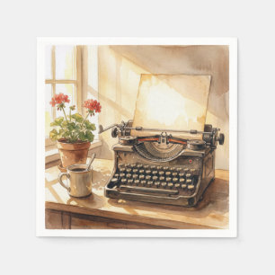 Watercolor Typewriter with Blank Sheet of Paper Napkin