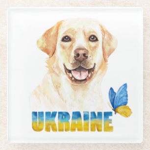 Watercolor Ukraine Yellow Lab and Butterfly Glass Coaster
