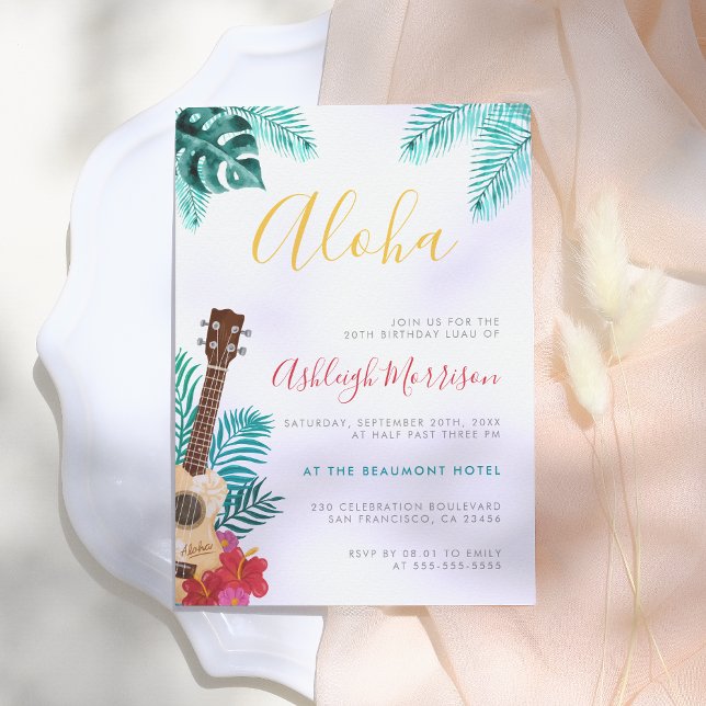 Watercolor Ukulele | Tropical Birthday Luau Party Invitation (Creator Uploaded)