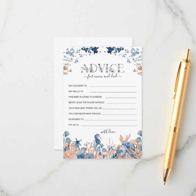 Watercolor Under-the-Sea Baby Shower Advice Card (Front/Back In Situ)