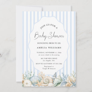 Watercolor Under The Sea Blue Stripes Baby Shower Invitation