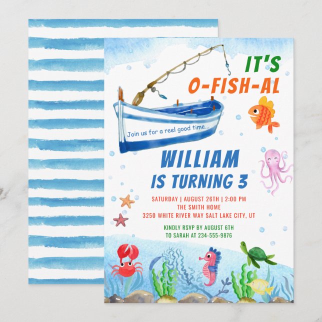Watercolor Under the Sea Boat Fishing Birthday Invitation (Front/Back)