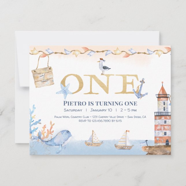 Watercolor Under-the-Sea Boy's 1st Birthday Invitation (Front)