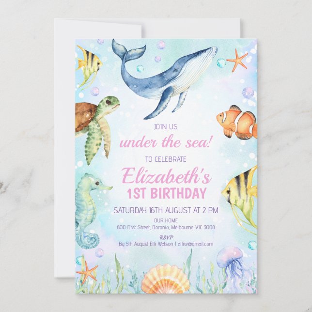 Watercolor Under the Sea Creatures 1st Birthday Invitation (Front)