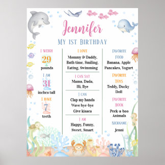 Watercolor Under the Sea First Birthday Milestone  Poster