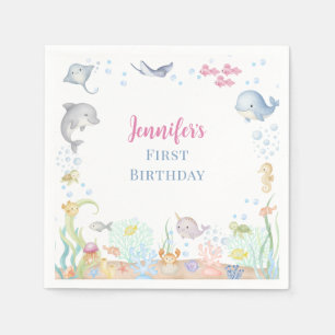 Watercolor Under the Sea Girl 1st Birthday Napkin