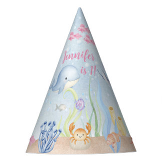 Watercolor Under the Sea Girl 1st Birthday Party Hat