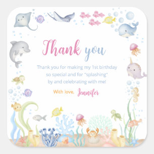 Watercolor Under the Sea Girl 1st Birthday  Square Sticker