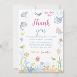 Watercolor Under the Sea Girl 1st Birthday Thank You Card