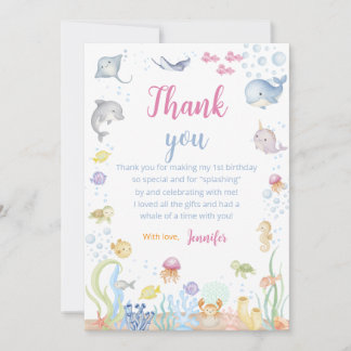 Watercolor Under the Sea Girl 1st Birthday Thank You Card