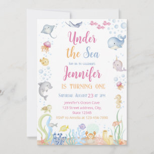 Watercolor Under the Sea Girl First Birthday Invitation