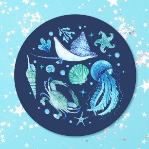 Watercolor Under the Sea Jellyfish, Sea Shell Navy Round Paper Coaster