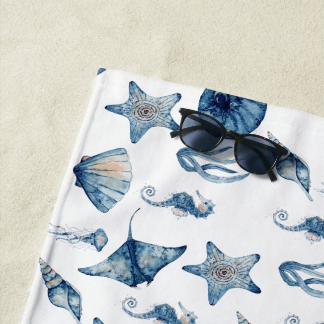 Watercolor Under The Sea Pattern Beach Towel (In Situ)