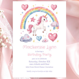 Watercolor Unicorn and Rainbow Birthday Party Invitation