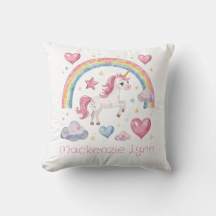 Watercolor Unicorn and Rainbow Custom Name Throw Pillow