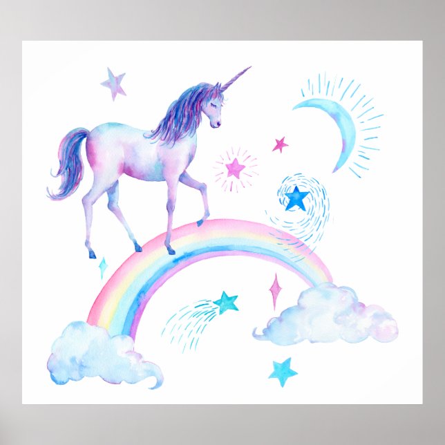 Watercolor Unicorn and Rainbow Poster (Front)