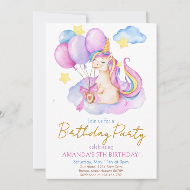Watercolor Unicorn balloons birthday Invitation (Front)