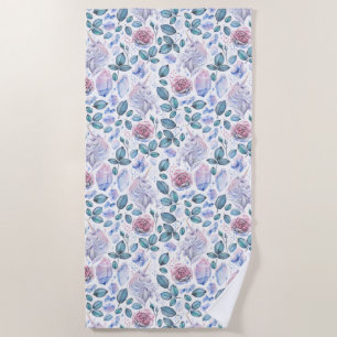 Watercolor Unicorn Crystals & Roses Pattern Beach Towel