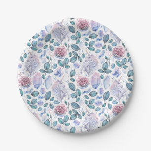 Watercolor Unicorn Crystals & Roses Pattern Paper Plate