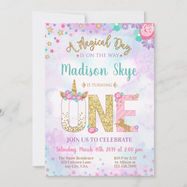 Watercolor Unicorn First Birthday Invitation (Front)