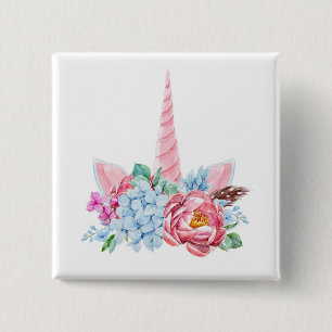 Watercolor Unicorn Floral Crown 2 Inch Square Button