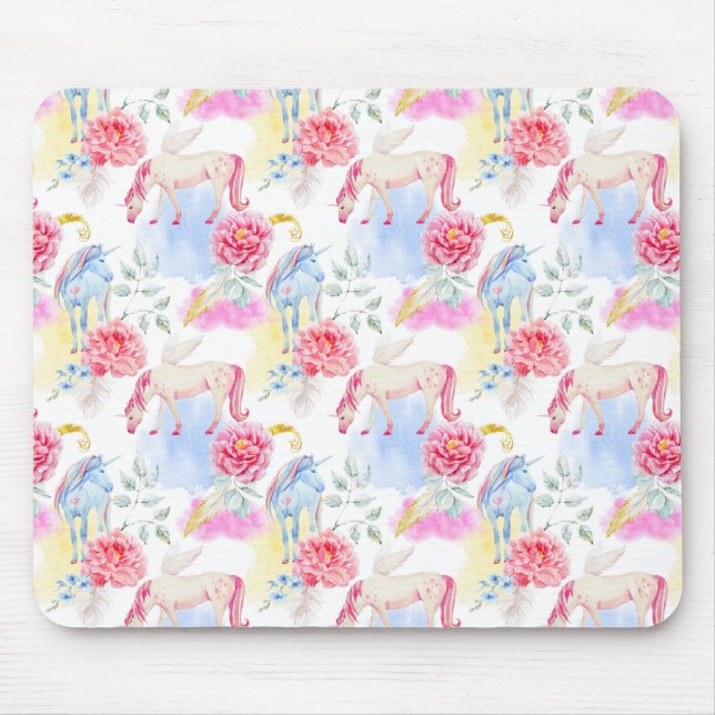 Watercolor Unicorn & Pegasus Pattern Mouse Pad (Front)