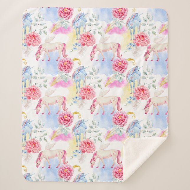 Watercolor Unicorn & Pegasus Pattern Sherpa Blanket (Front)