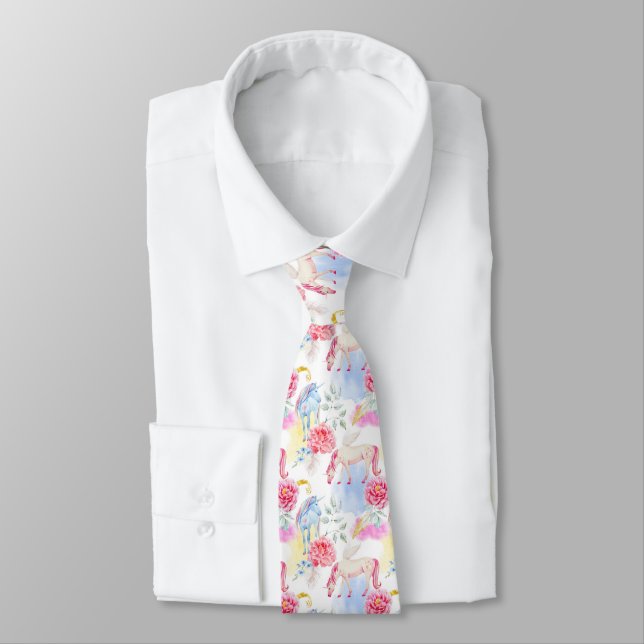 Watercolor Unicorn & Pegasus Pattern Tie (Tied)