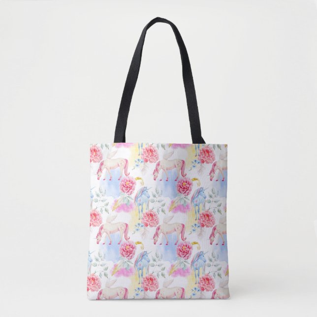 Watercolor Unicorn & Pegasus Pattern Tote Bag (Front)