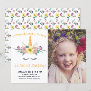 Watercolor Unicorn Photo Birthday Invitation
