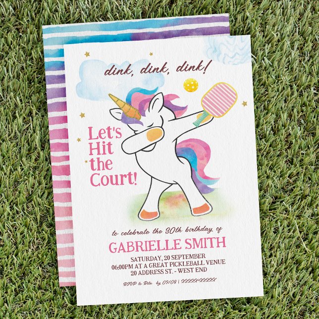 Watercolor Unicorn Pickleball Birthday Invitation (Perfect for setting the tone for a fun, lighthearted celebration.)
