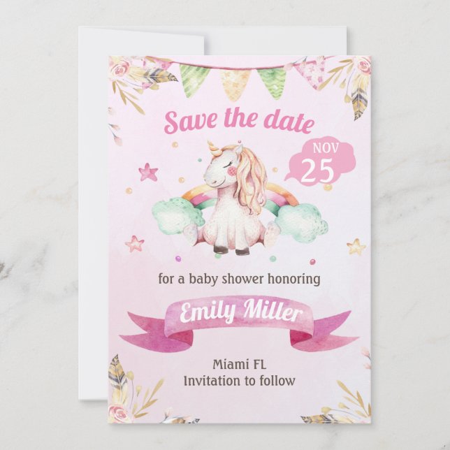 Watercolor Unicorn Pink Save the Date (Front)
