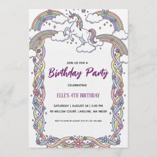 watercolor unicorn rainbow birthday invitation