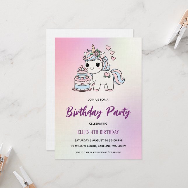 watercolor unicorn rainbow birthday invitation (Devant/Arrière en situation)