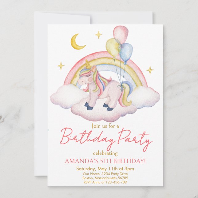 Watercolor Unicorn  rainbow birthday Invitation (Front)