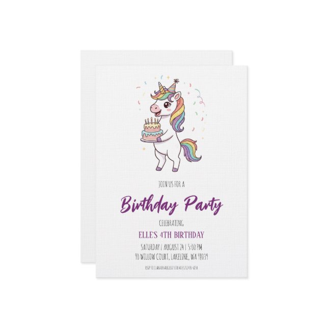 watercolor unicorn rainbow birthday invitation (Front/Back In Situ)