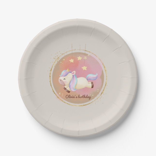 Watercolor Unicorn Rainbow Party Paper Plate (Front)
