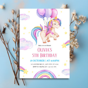  Watercolor Unicorn & Rainbows Birthday Invitation