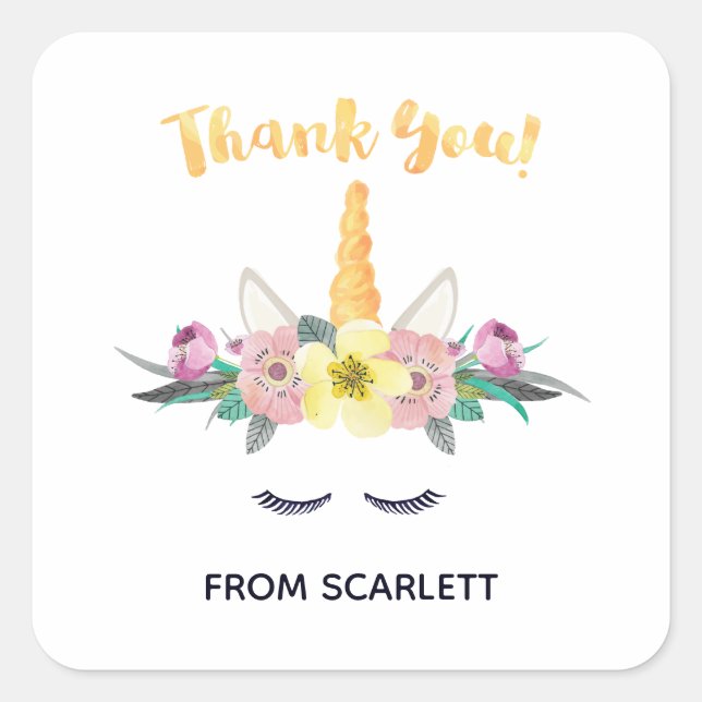 Watercolor Unicorn Thank You Sticker (Front)