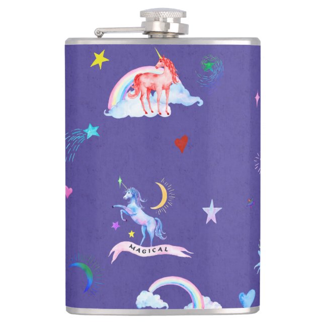 Watercolor Unicorns Hip Flask (Front)
