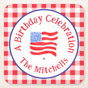 Watercolor USA Flag BIRTHDAY Red White Blue Check  Square Paper Coaster