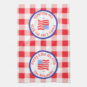 Watercolor USA Flag Party 1776 Wh Blue Red Check Kitchen Towel