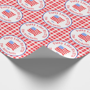 Watercolor USA Flag Party 1776 Wh Blue Red Check  Wrapping Paper
