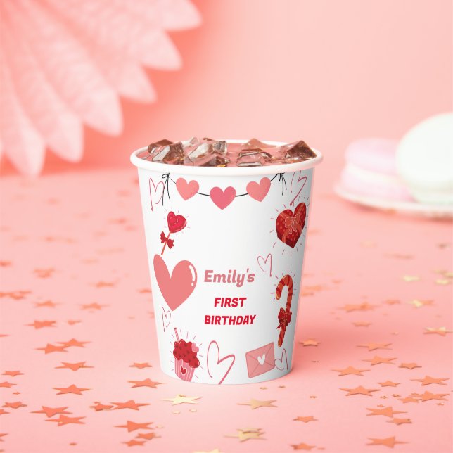 Watercolor Valentine heart First Birthday Party  Paper Cups (Insitu)