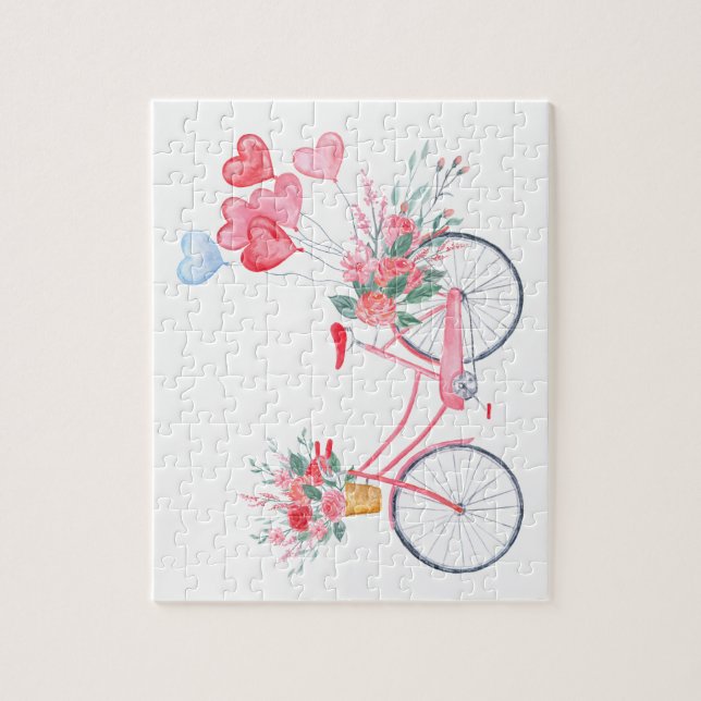 Watercolor valentine Pink bike and Heart Balloons Jigsaw Puzzle (Vertical)